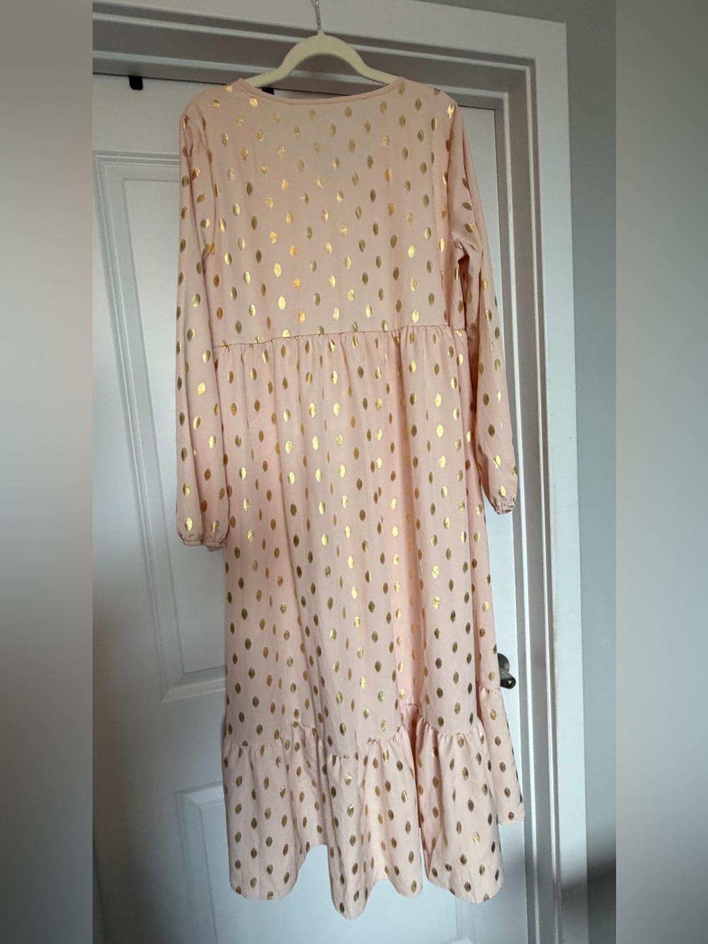 Blush Pink Gold Foil Polka Dot Tiered Maxi Dress Long Sleeve Size L - Picture 2 of 8
